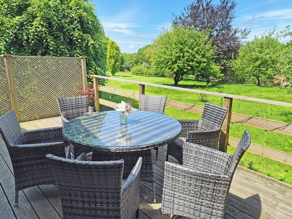Rear seating area overlooking the Orchard | Torridge Lodge - Bridge Farm Country Stays, Sheepwash