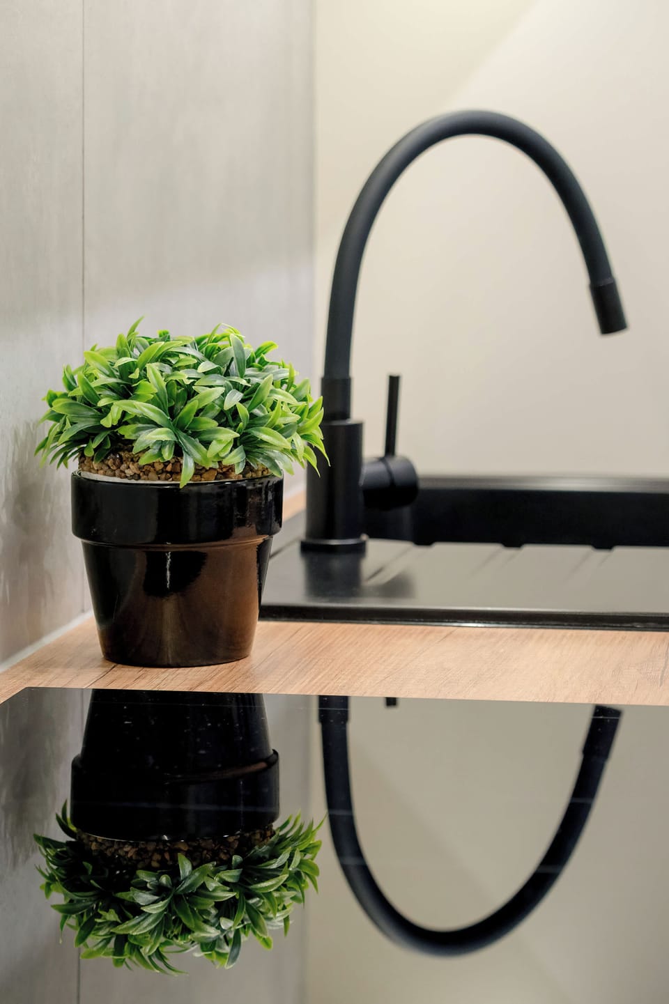 A decorative potted green plant sits on a reflective wooden surface next to a modern black kitchen faucet. The reflection creates a clean, symmetrical visual detail.