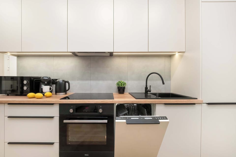 The kitchen setup is captured from a straight-on angle, highlighting the clean lines of the white upper cabinets and the black built-in oven. A dishwasher is integrated into the lower cabinetry next to the sink.