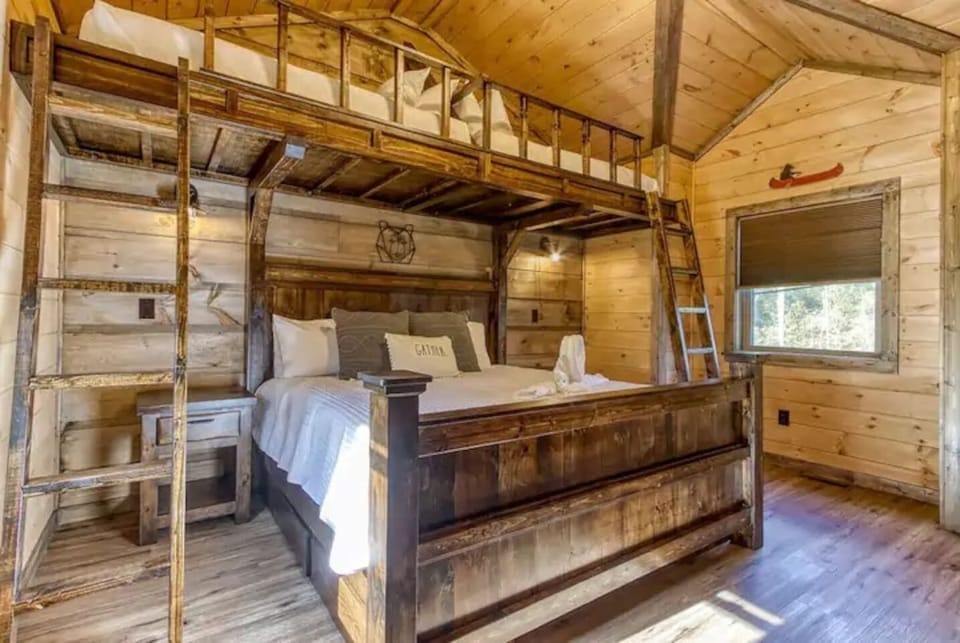Bear room.  Located on the third floor of the cabin.  This bedroom has a king size bed and custom designed bunk.