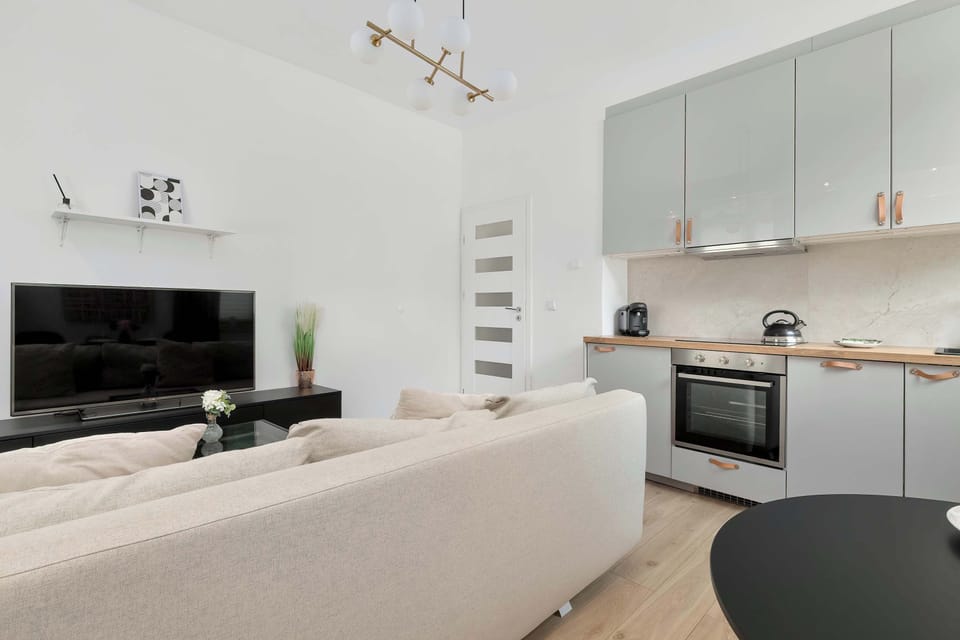 Bright open-plan living space seamlessly combining the lounge area with a stylish kitchenette.
