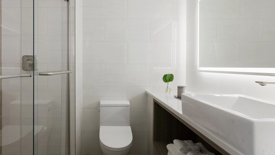 Refresh in a bright, spotless bath with sleek finishes.