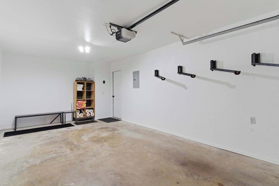 Garage with bike racks and equipment storage