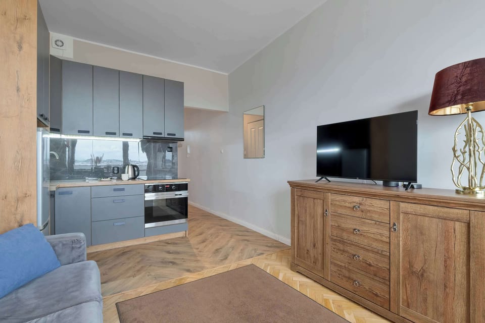 The perspective from the living room reveals a compact, fully equipped grey kitchenette in the corner and a large wooden media console holding a television.