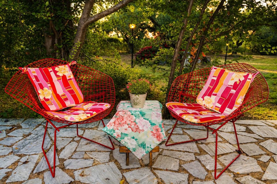 Shaded Garden Seating Area with Colorful Lounge Chairs
