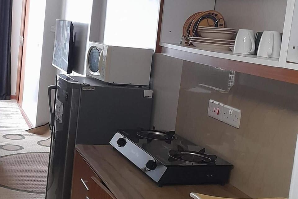 Fridge, microwave, stovetop, electric kettle