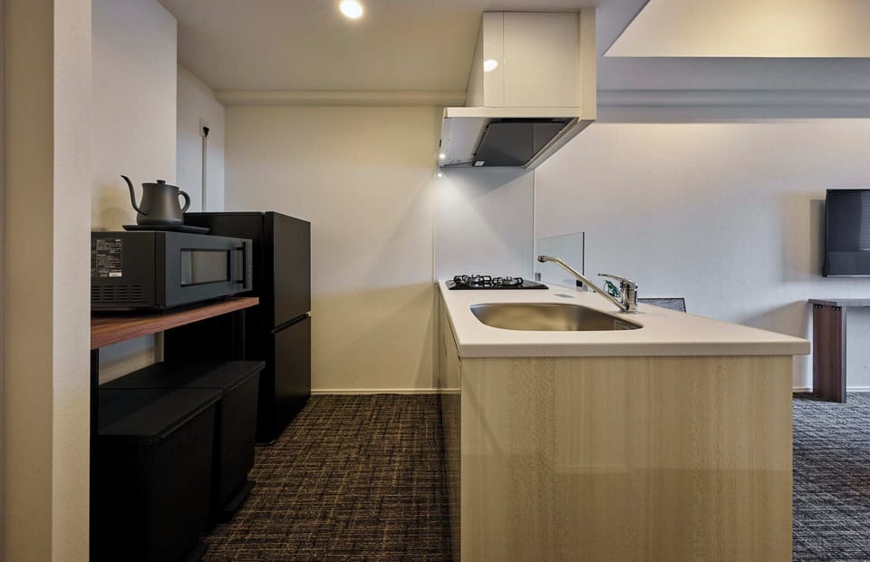 Twin Room | Private kitchen | Full-size fridge, stovetop, electric kettle, cookware/dishes/utensils