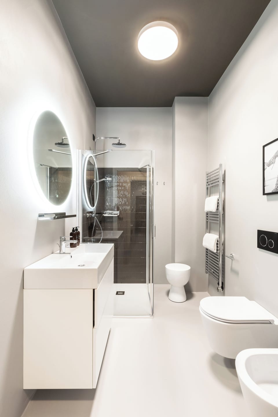 Shower, hair dryer, slippers, towels