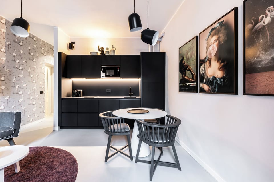 Deluxe Apartment B5 | Private kitchen | Fridge, microwave, oven, stovetop