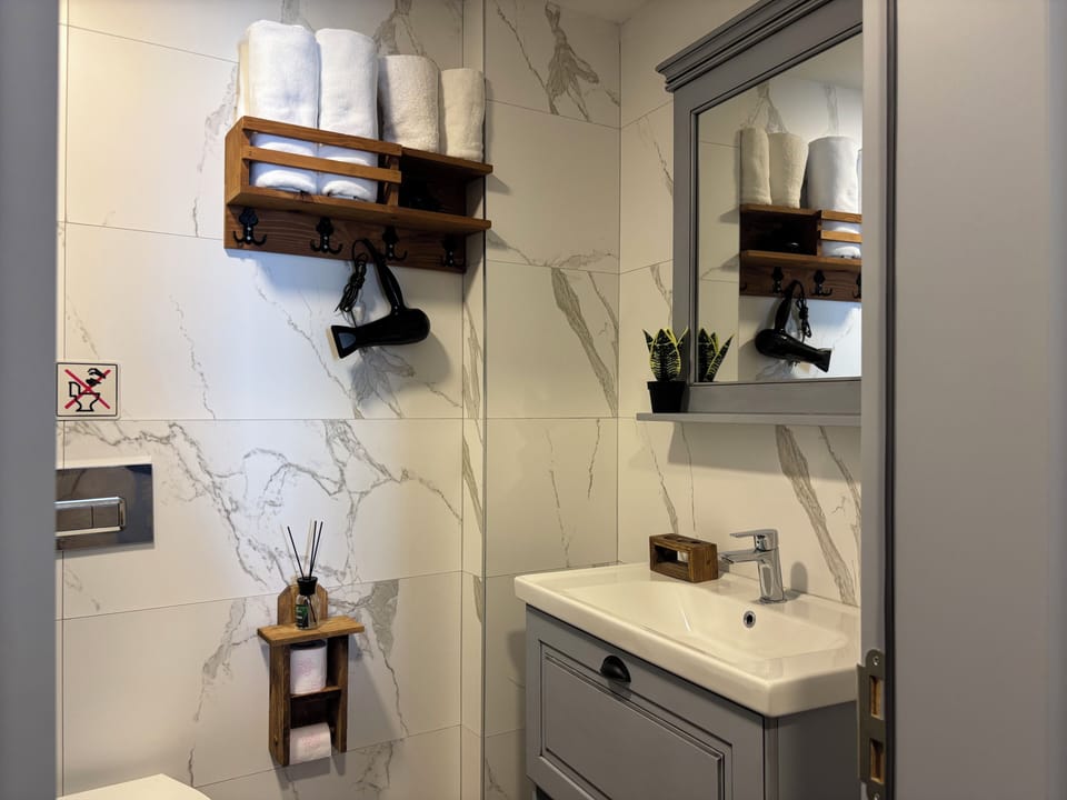 Shower, free toiletries, hair dryer, towels