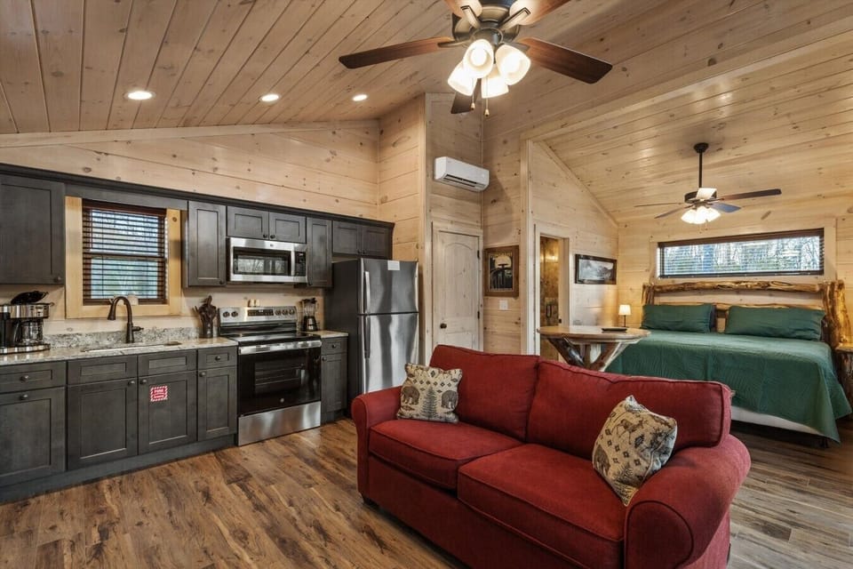 Full kitchen with drip coffee pot, microwave and stove