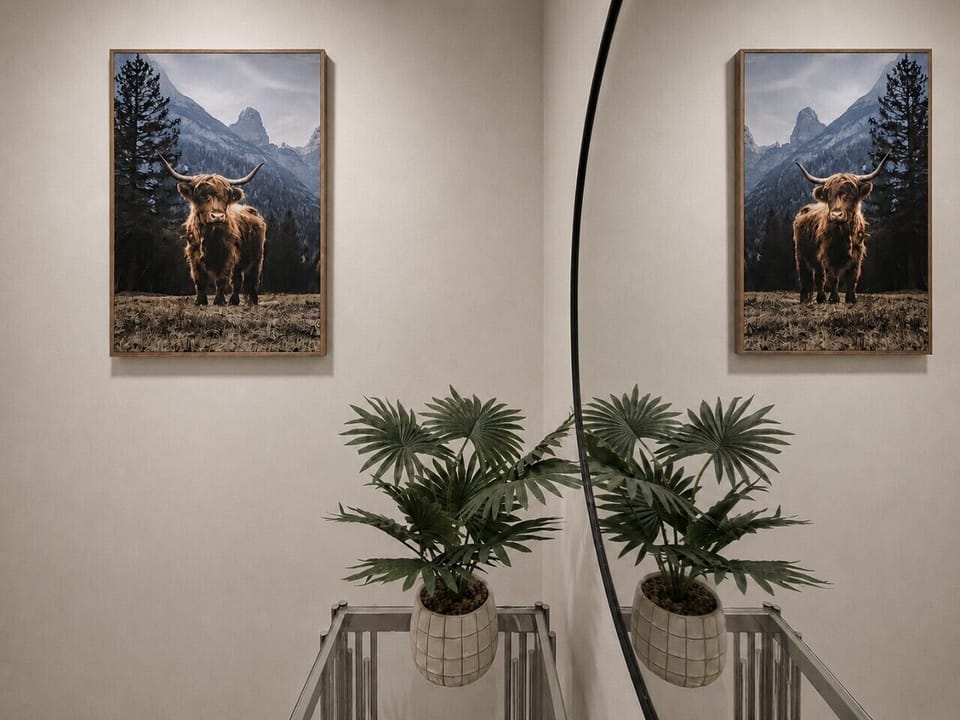 The hallway is decorated with welcoming, artistic touches.
