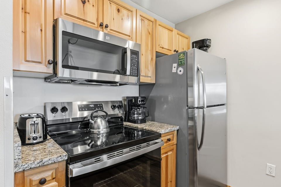 Your kitchen comes fully equipped with stainless steel appliances, granite countertops, and everything you need to prepare meals during your stay.