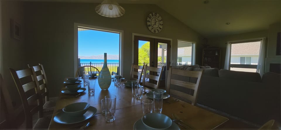 Dining with a view—spacious gathering space overlooking the lake