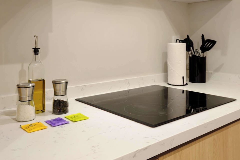 Modern kitchen countertop with an induction cooktop and essential appliances.