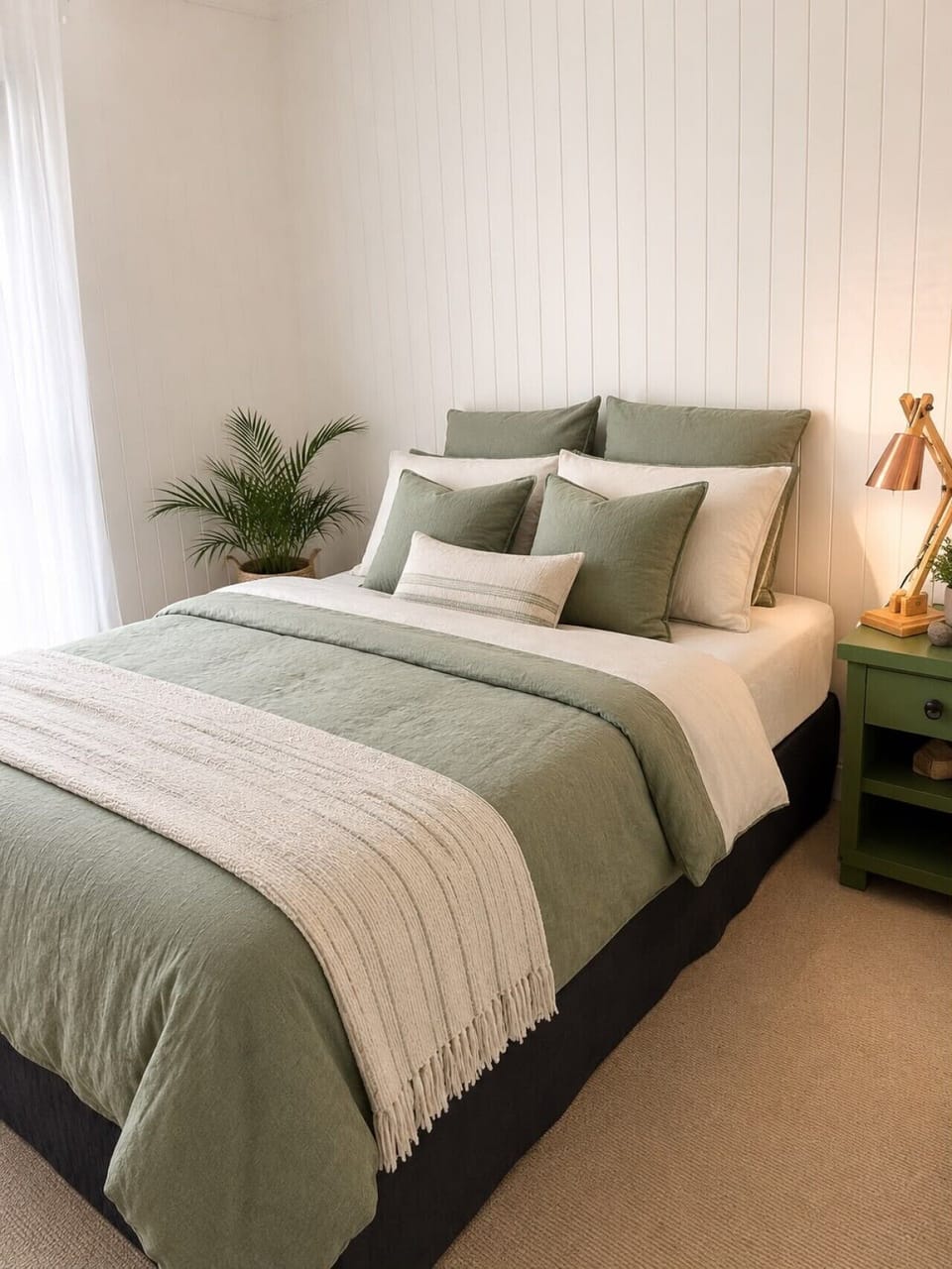 Comfortable queen bedroom styled with soft coastal tones, quality linens, and a peaceful ambiance for a restful night`s sleep.