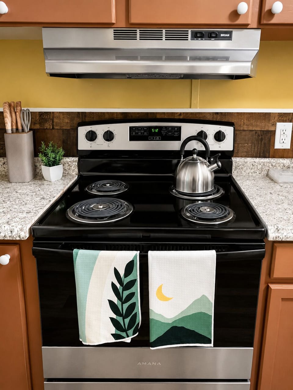 Bright, tidy kitchen with electric range, vent hood, and stylish details