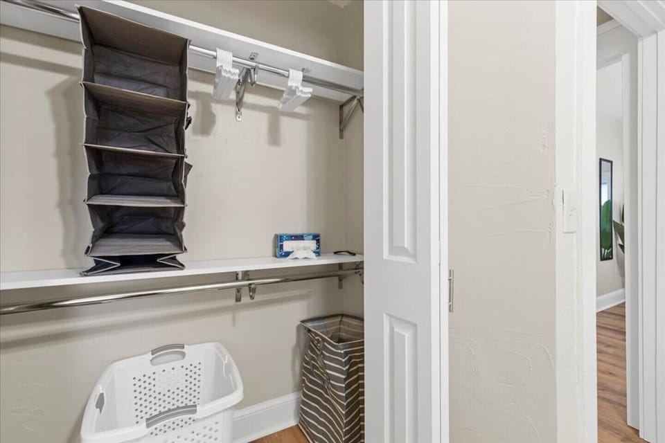 Enjoy the convenience of a spacious closet with dedicated storage for clothing, luggage, and everyday essentials.