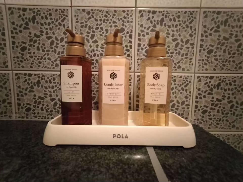Separate tub and shower, hair dryer, slippers, towels