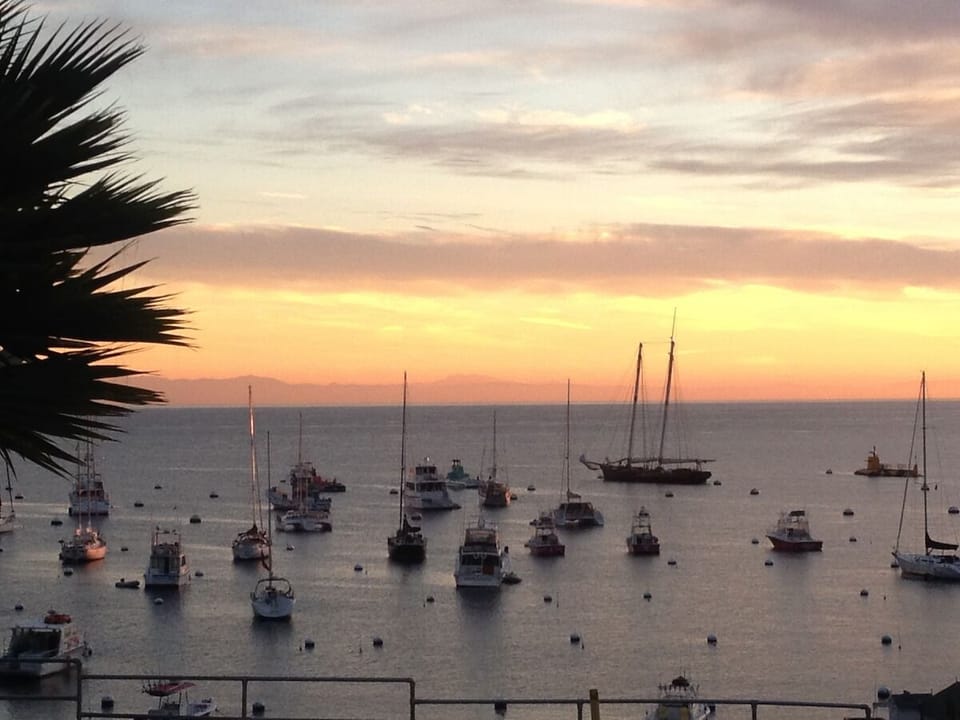 Unwind with tranquil ocean views as boats drift quietly.