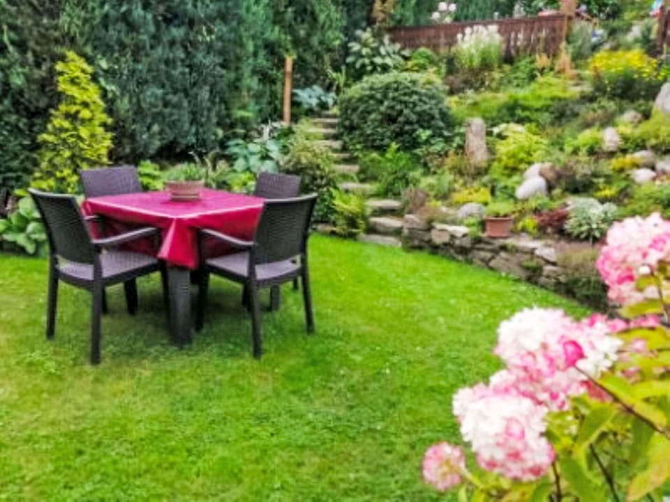 Garden, Shrub, Lawn, Groundcover, Backyard, Yard, Landscaping, Outdoor Furniture, Courtyard, Patio