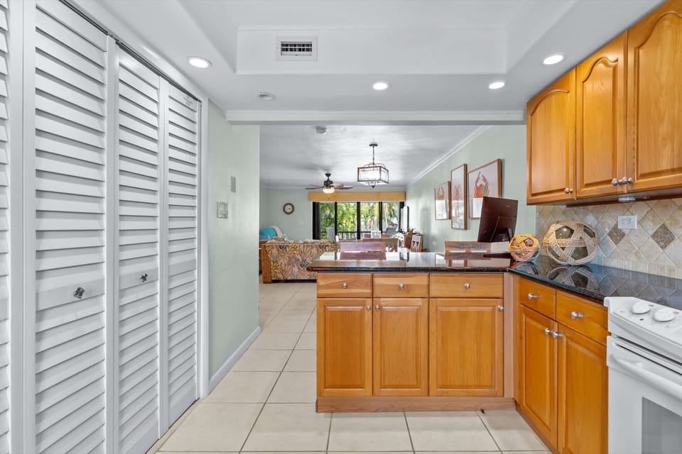Kitchen Passthrough: Louvered storage closets line the entry hall as the kitchen opens through a granite peninsula into the bright main living area beyond.