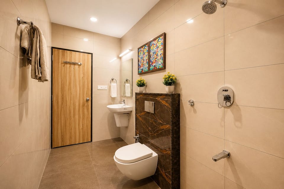 Shower, towels, soap, shampoo
