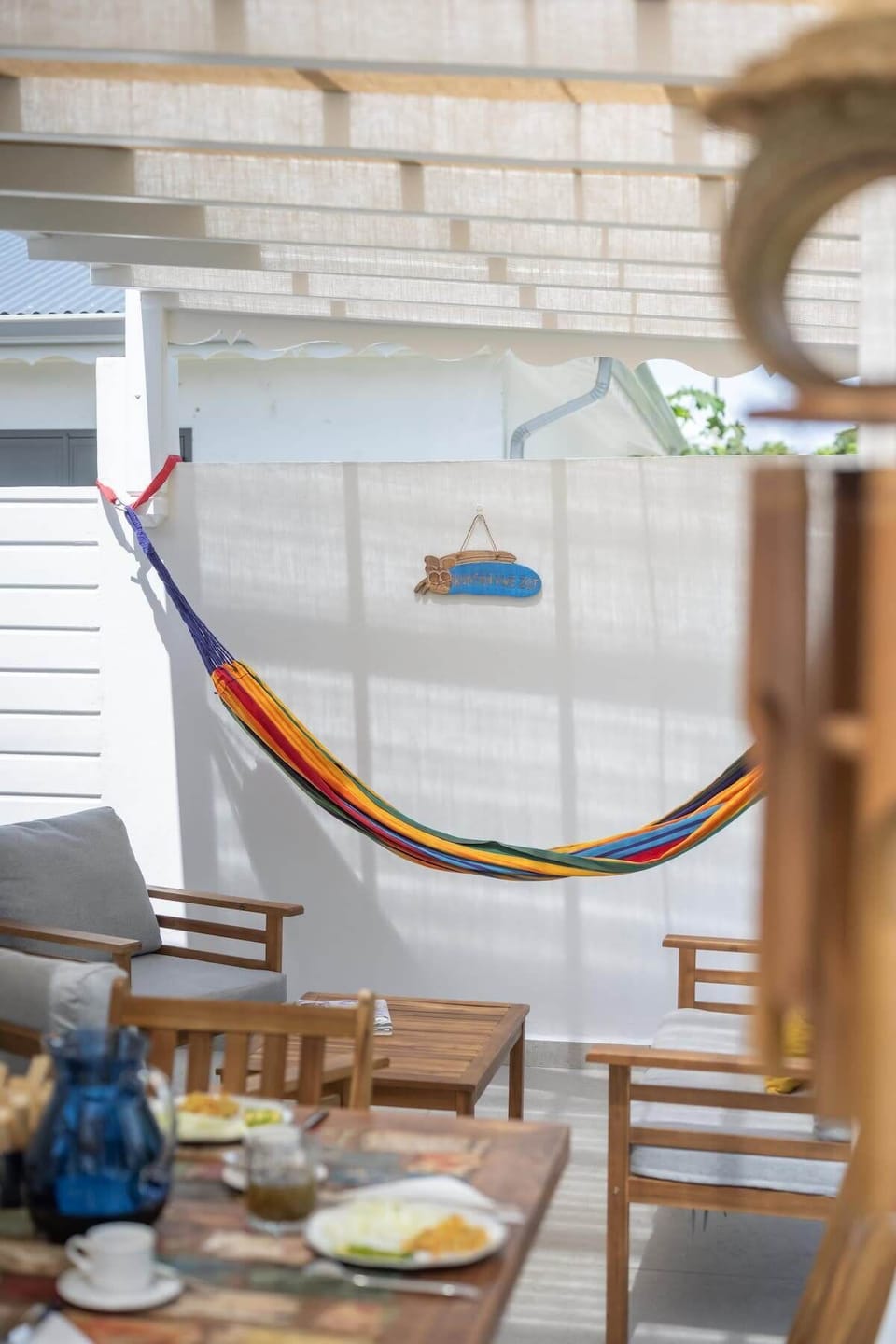 Dining table, living room and outdoor hammock