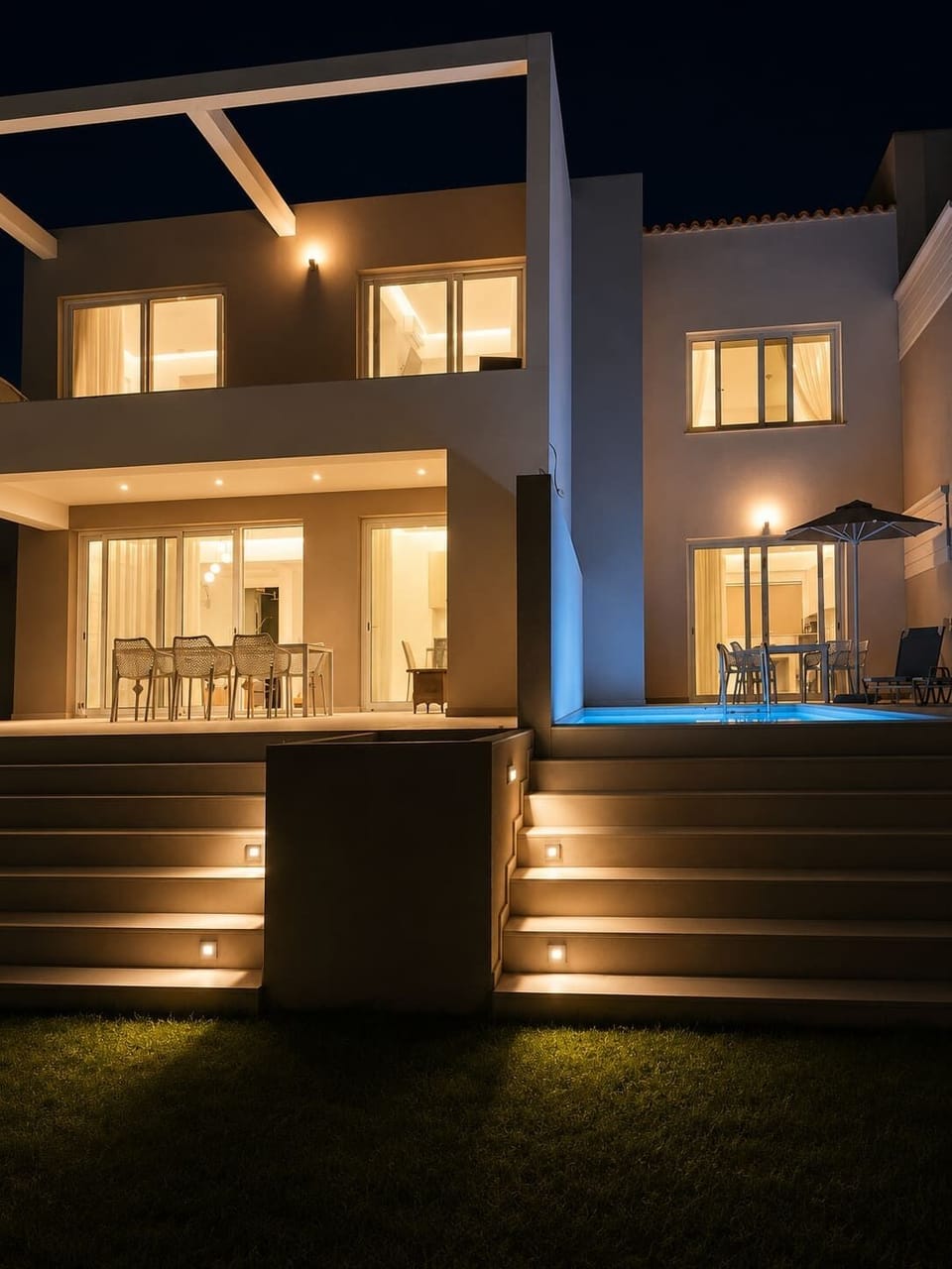 Modern villa beautifully illuminated at night, creating a relaxing and luxurious atmosphere.