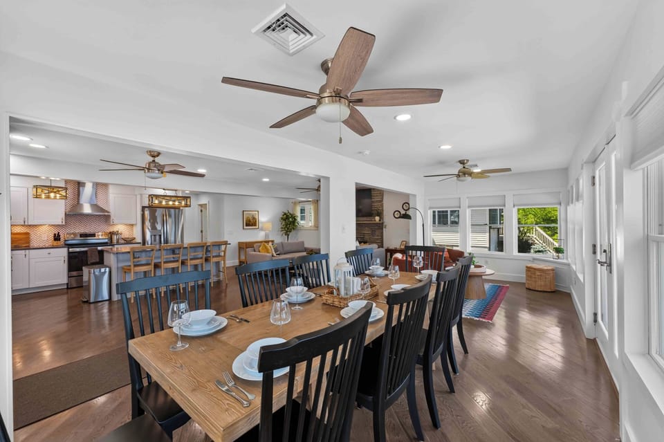 Open dining and living area with plenty of space for group meals and gathering