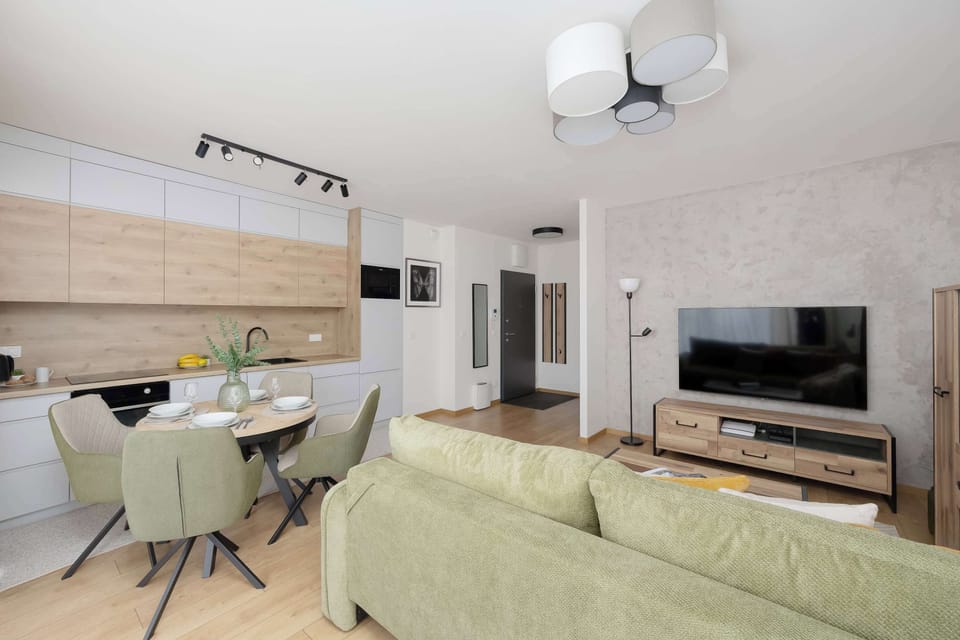 An overview from the lounge captures the open flow between the seating area, dining set, and the apartment entrance. Modern track lighting on the ceiling ensures the entire living space is well-illuminated.
