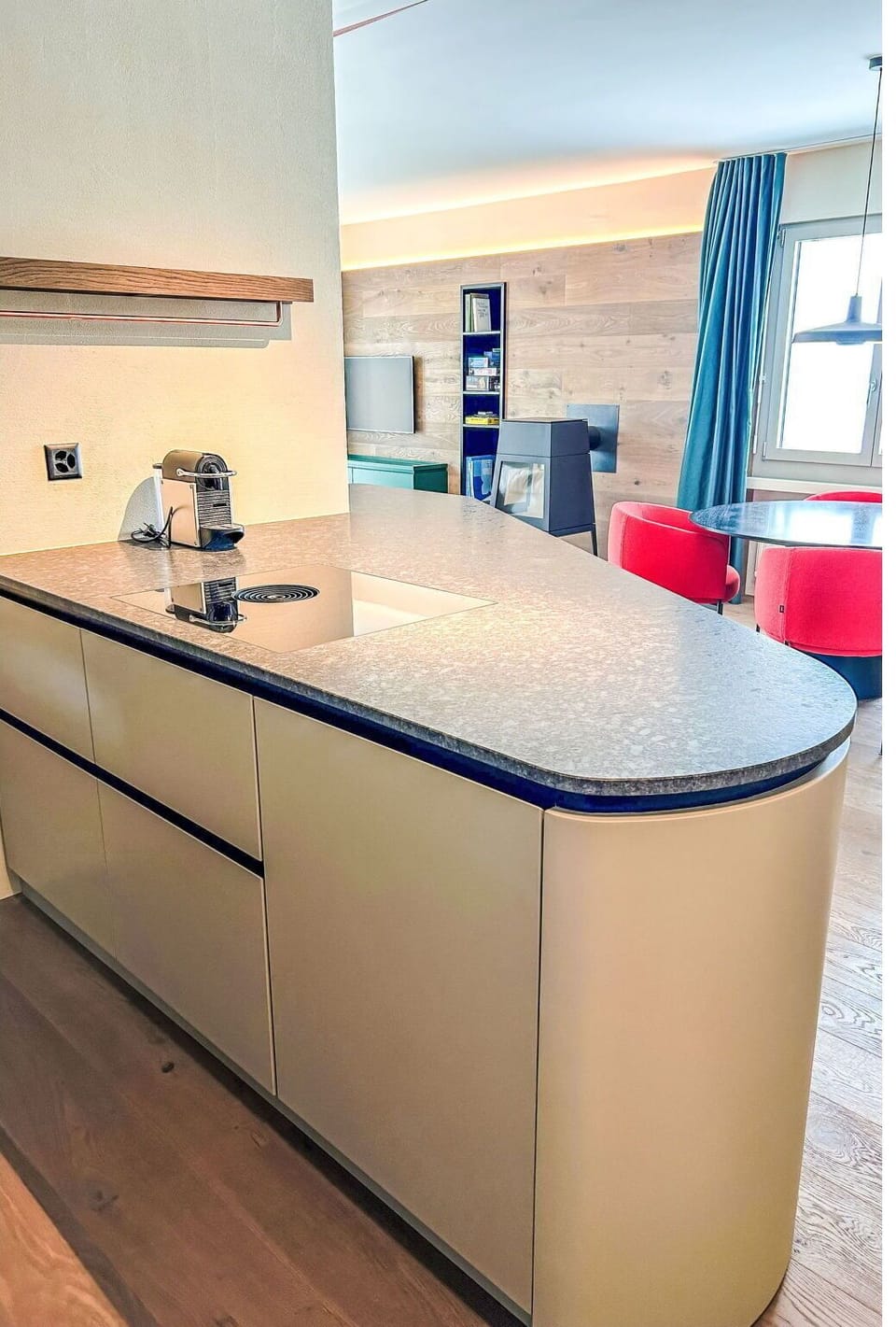 Flooring, Interior Design, Wood, Countertop, Floor, Furniture, Kitchen, Lighting, Cabinetry, Kitchen Appliance