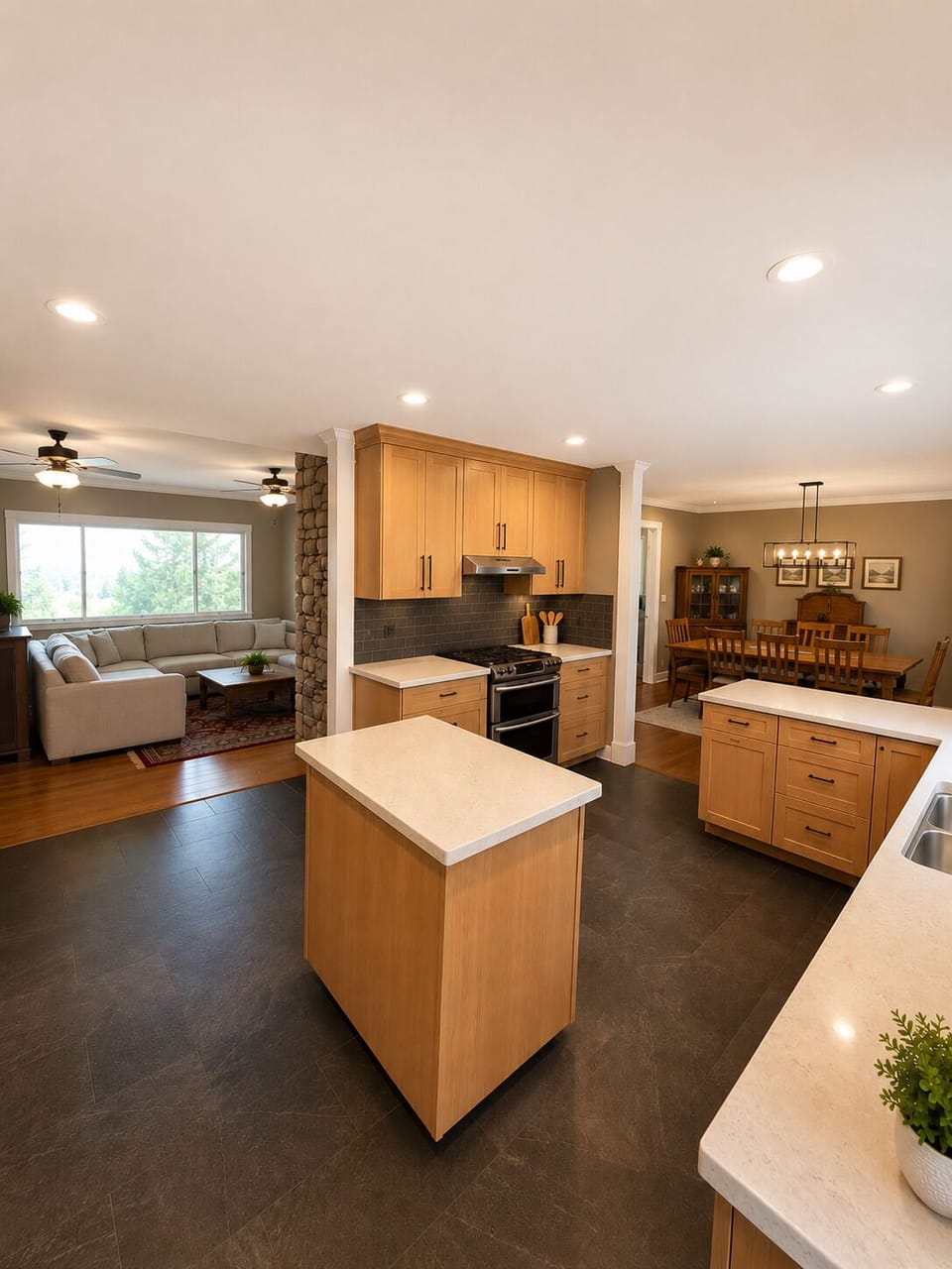 Designed for gathering, the spacious open concept kitchen is fully stocked.