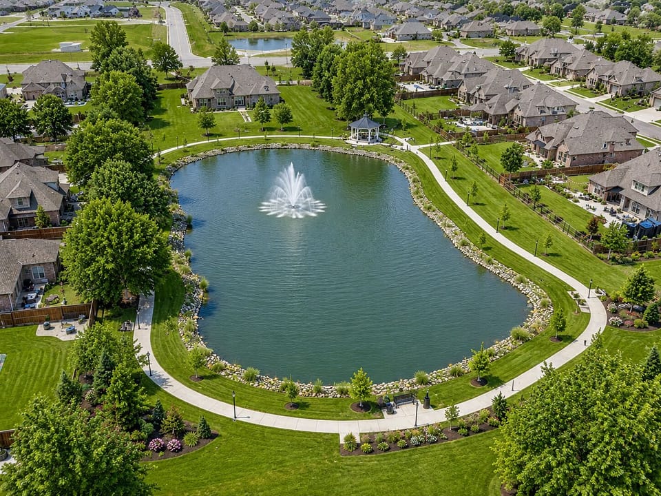 Picturesque community pond with trails, fountains, and scenic views.