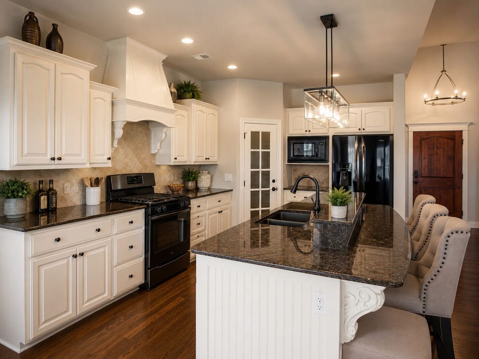 Spacious designer kitchen w/ granite countertops and inviting island centerpiece