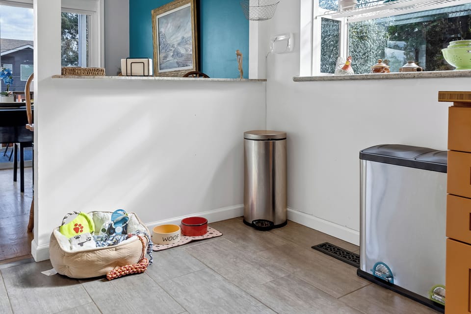 Bright kitchen nook with pet-friendly setup and sunny windows