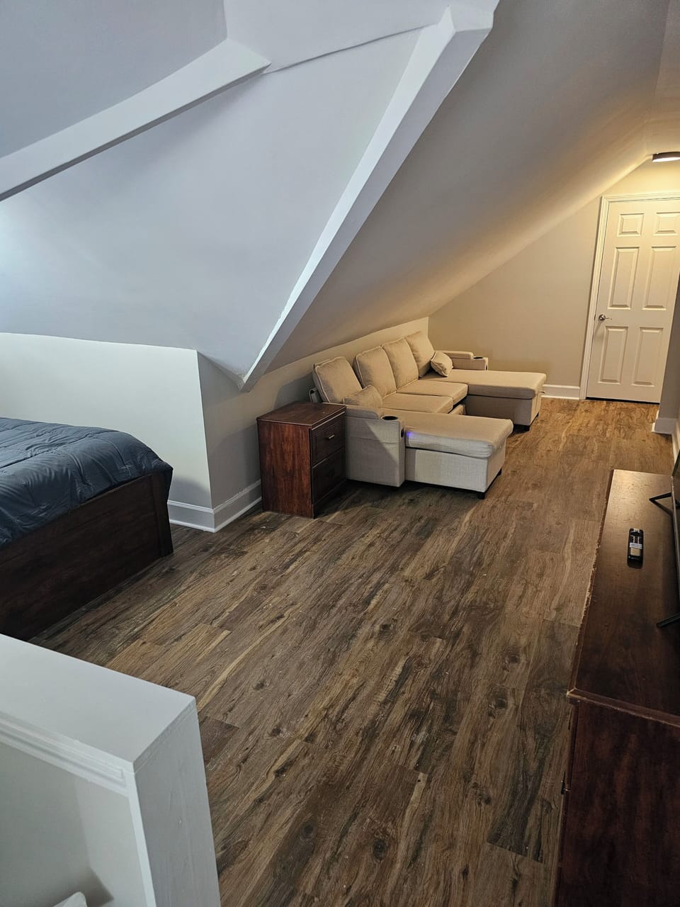 room, indoor, bed, couch, staircase, private space