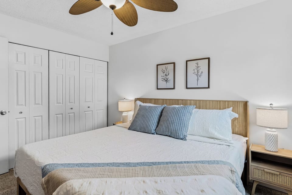 Master bedroom with comfy King size bed, fan and smart TV