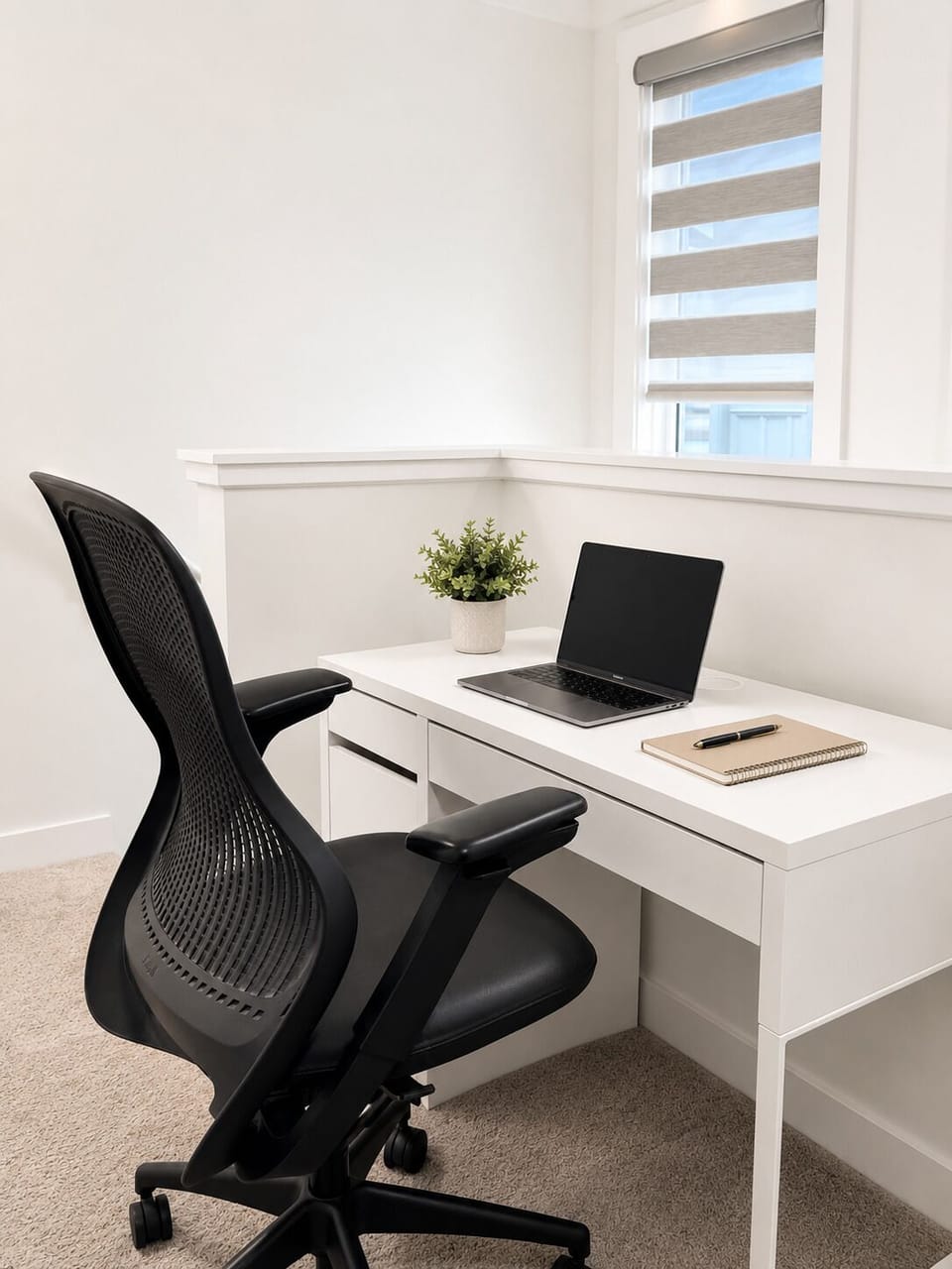 Bright home office nook with ergonomic chair and modern desk