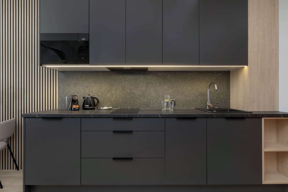 Modern kitchenette with integrated appliances and a functional open-plan layout.