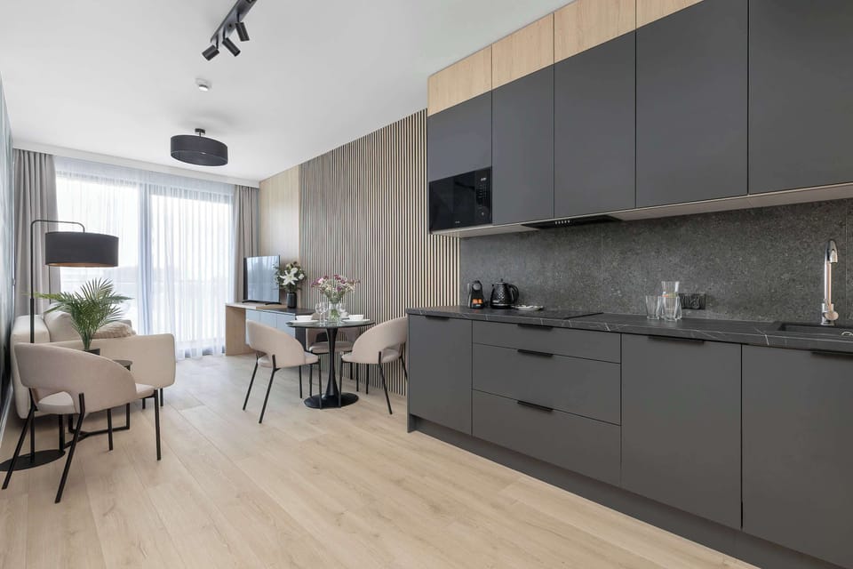Modern kitchenette with integrated appliances and a functional open-plan layout.