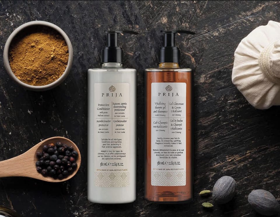 Prija's luxury toiletries, set out like a small daily ritual.