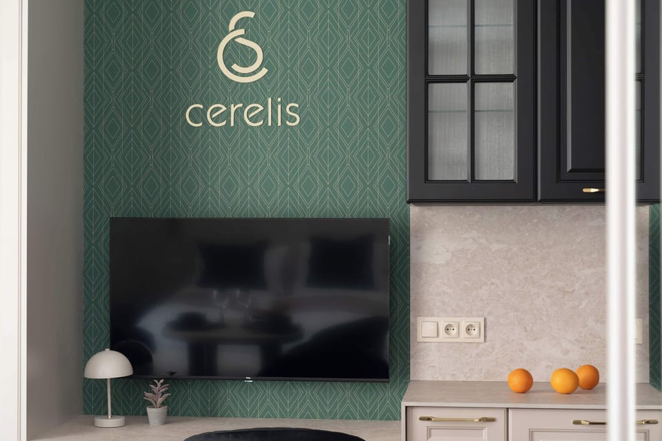A close-up shot of a dark-framed television mounted on a textured wall, with the brand name "Secreta" visible nearby. Small decorative items on the console below add a personal touch to the decor.