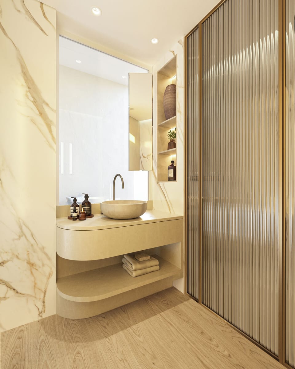 Shower, rainfall showerhead, free toiletries, hair dryer