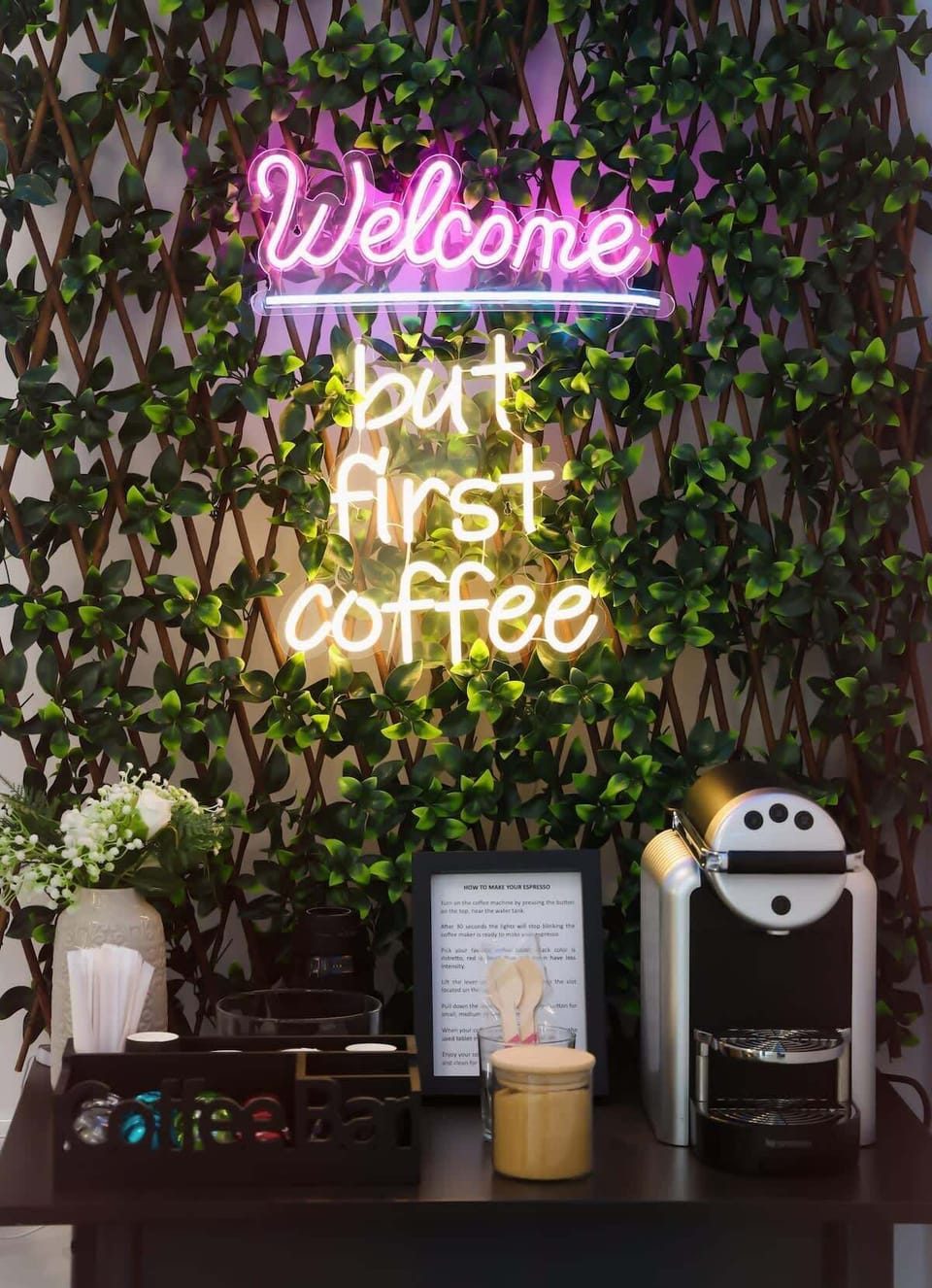 Charming Shared Corner with Blooming Flowers and coffe station at the entrance of the property