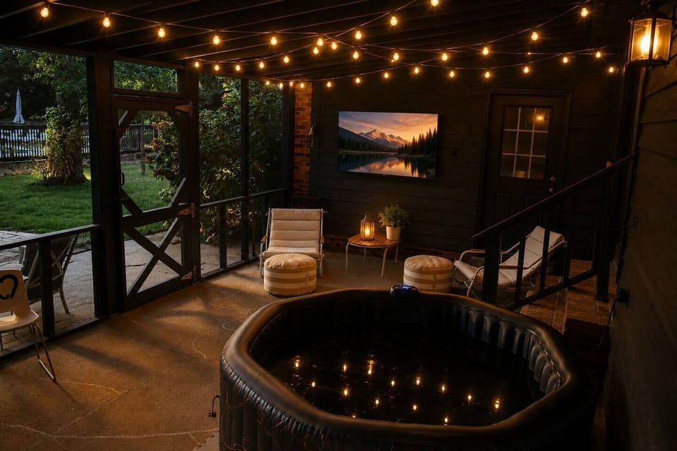 A glowing back‑porch oasis with a bubbling hot tub, warm string lights, a large outdoor TV, and plush lounge chairs—perfect for unwinding and enjoying your private retreat.