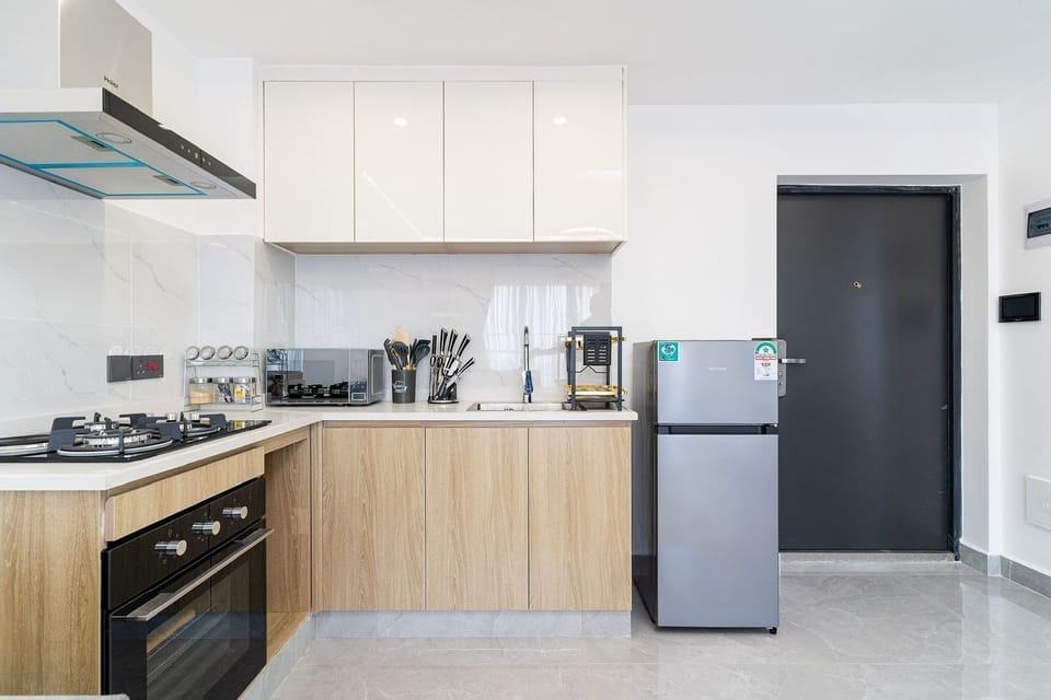 Classic Apartment, Balcony, City View | Private kitchen | Full-size fridge, microwave, oven, stovetop