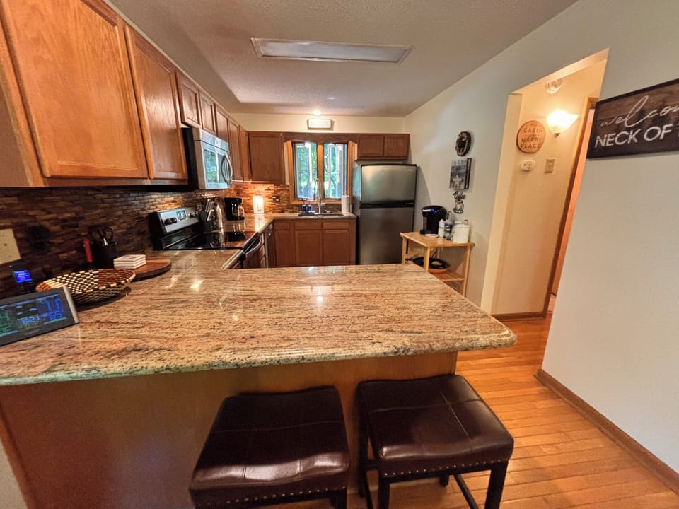 A fully stocked spacious kitchen with everything you need.