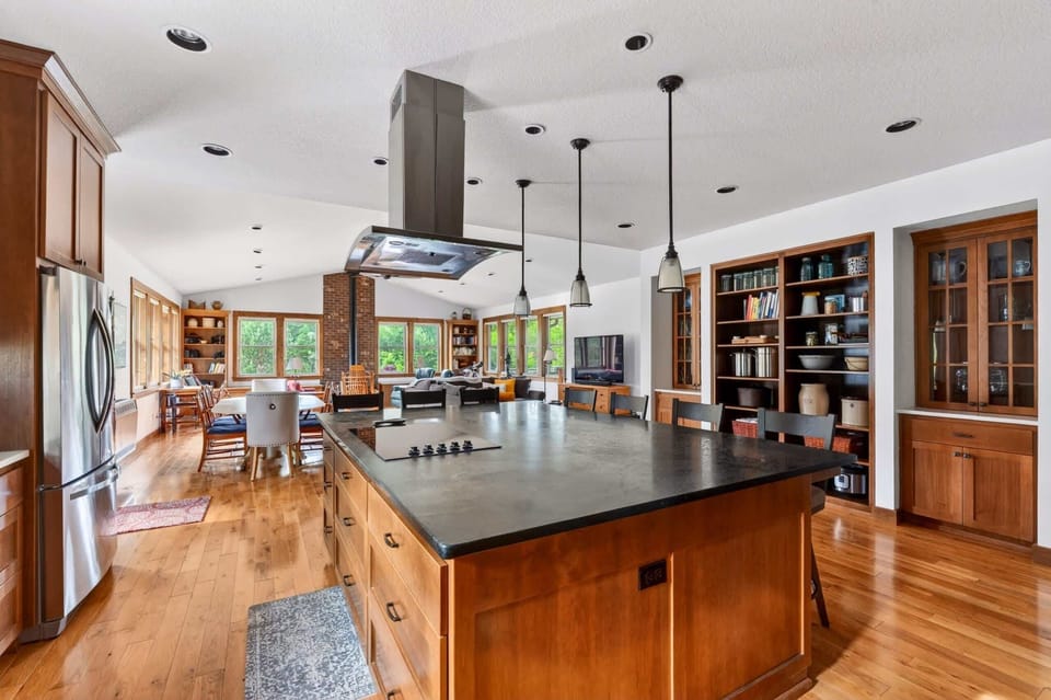 Kitchen island and open shelving.