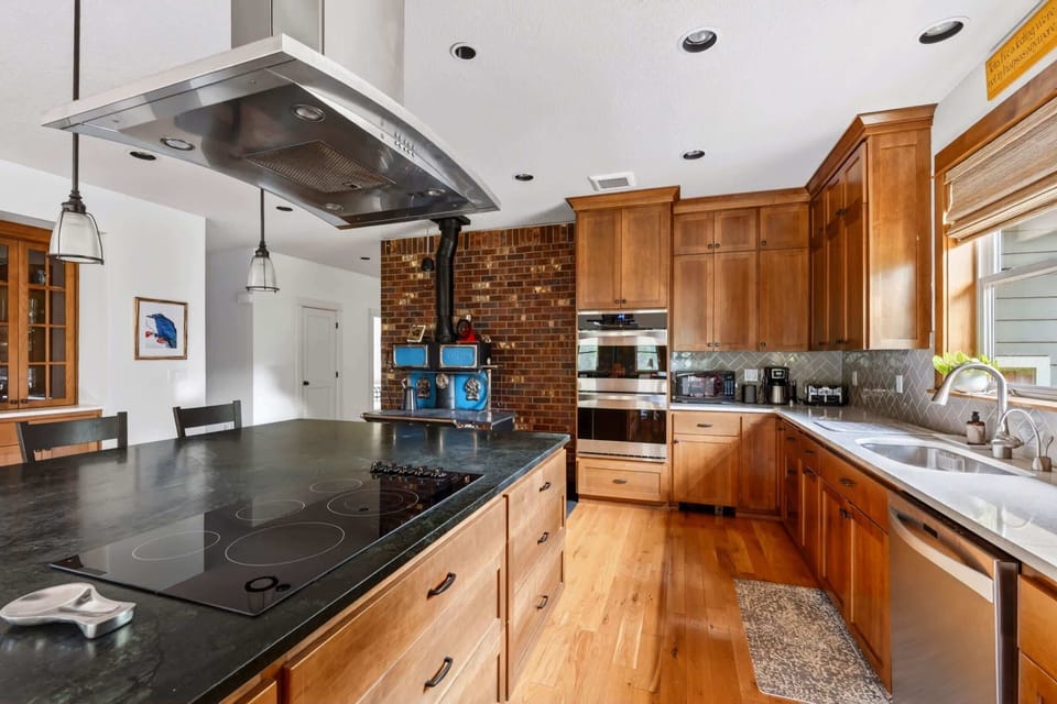 Kitchen with stainless appliances.